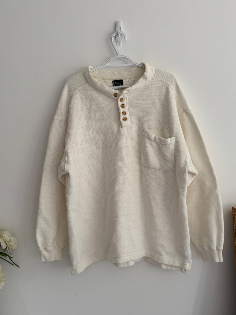 Vintage Oversized Cream Henley Pullover | Fisherman Core